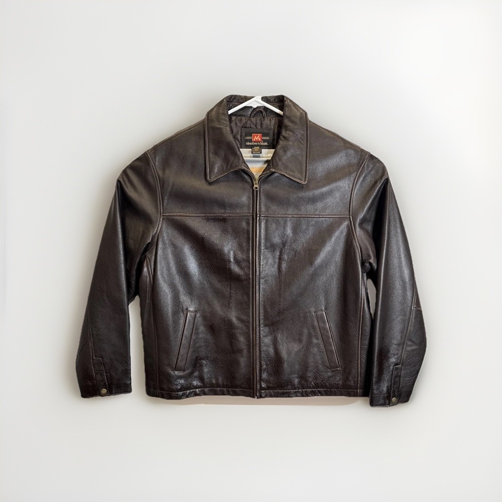 Members Mark Leather‎ Bomber Jacket Mens XL Brown Genuine Cowhide Quilted Moto